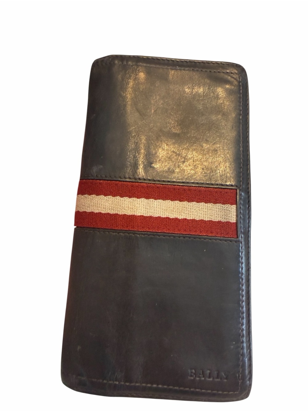 Bally Dark Brown Leather Wallet with Red & Cream Stripe